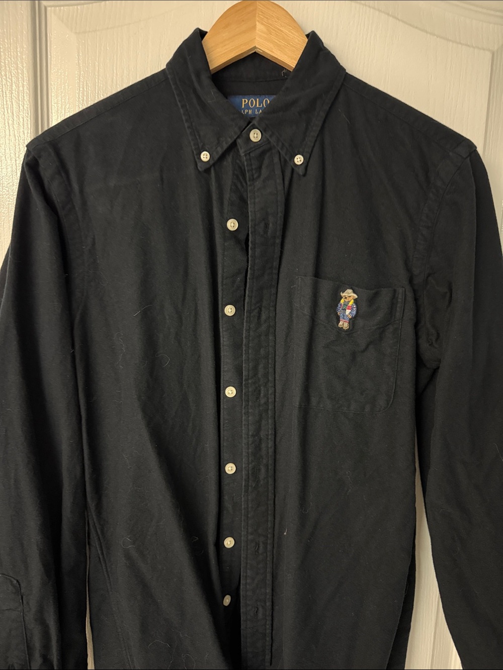 Polo by Ralph Lauren Black Oxford Button-Down Shirt Jacket with Bear Patch